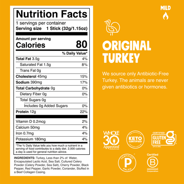 Turkey stick nutrition facts panel with calories, fat, carbs, protein, and serving size
