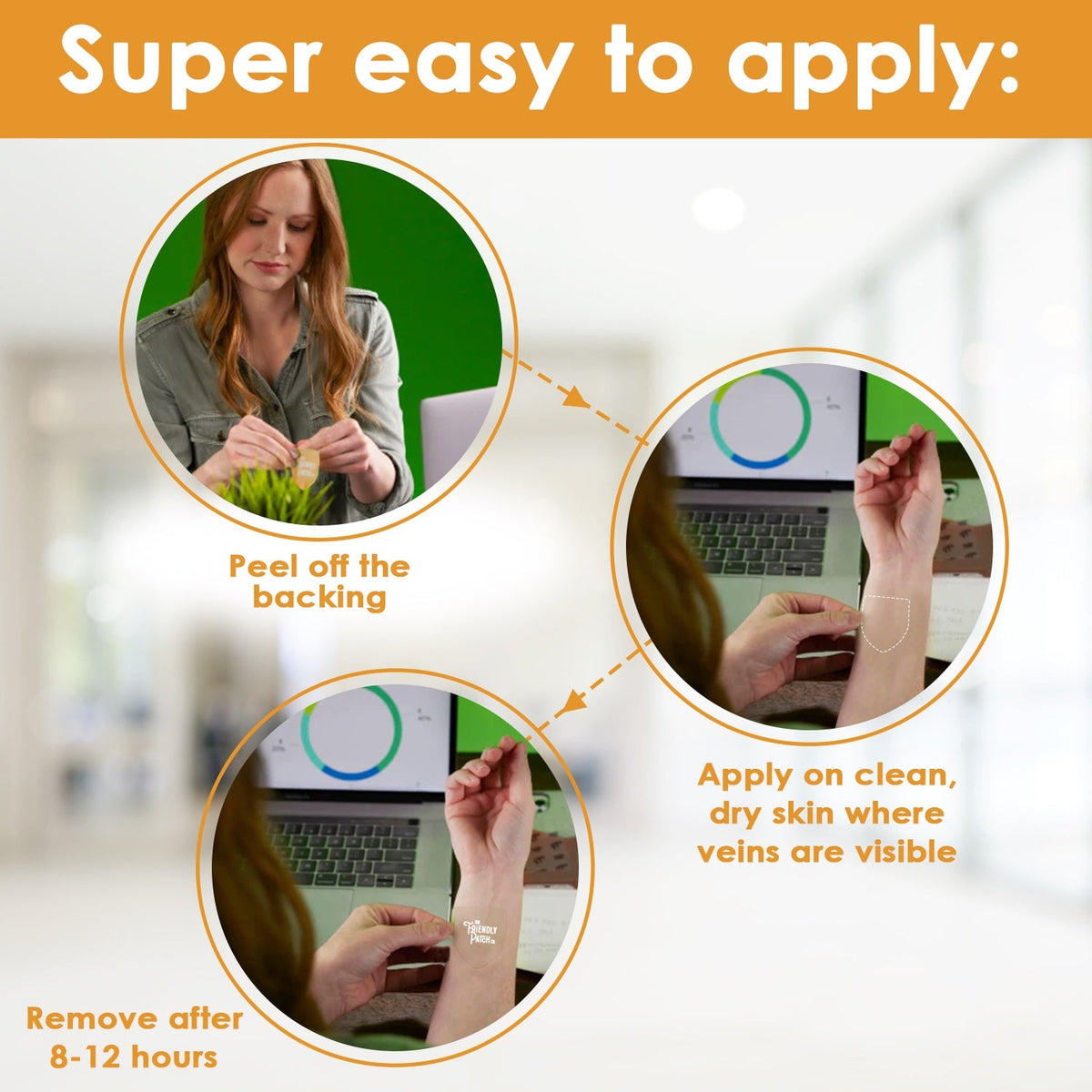 Patch application steps: peel backing and apply to clean, dry skin