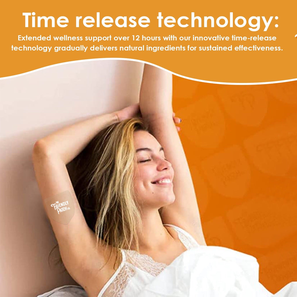 Patch on woman’s arm with extended wellness time-release shown