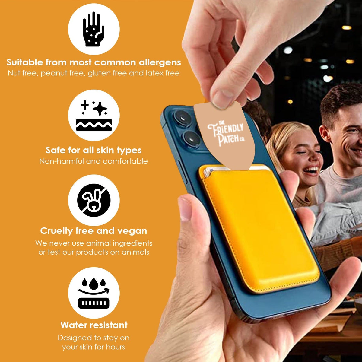 Patch travel case in hand with icons for allergens, vegan, and water resistance