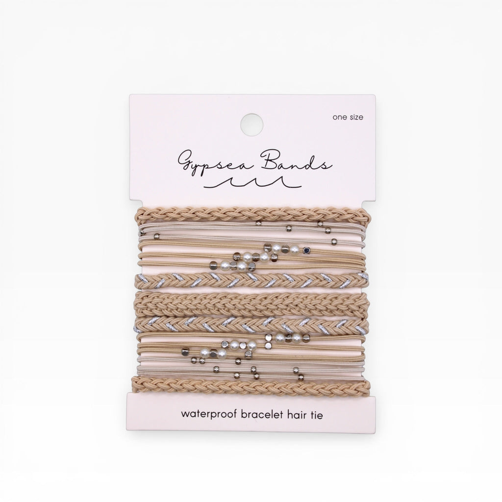 Latte braided hair tie bracelets set with bead and rhinestone accents, one size