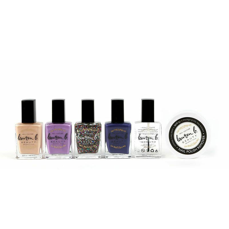 Nail polish collection with five color bottles and round polish remover lid