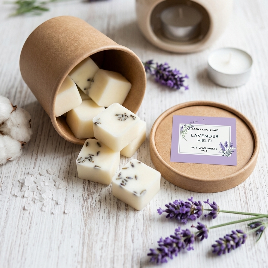 Soy wax melt cubes with lavender sprigs beside open kraft cup and lavender label