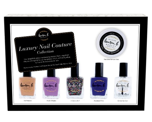 Luxury nail polish set with five bottles and polish remover jar, in gift box