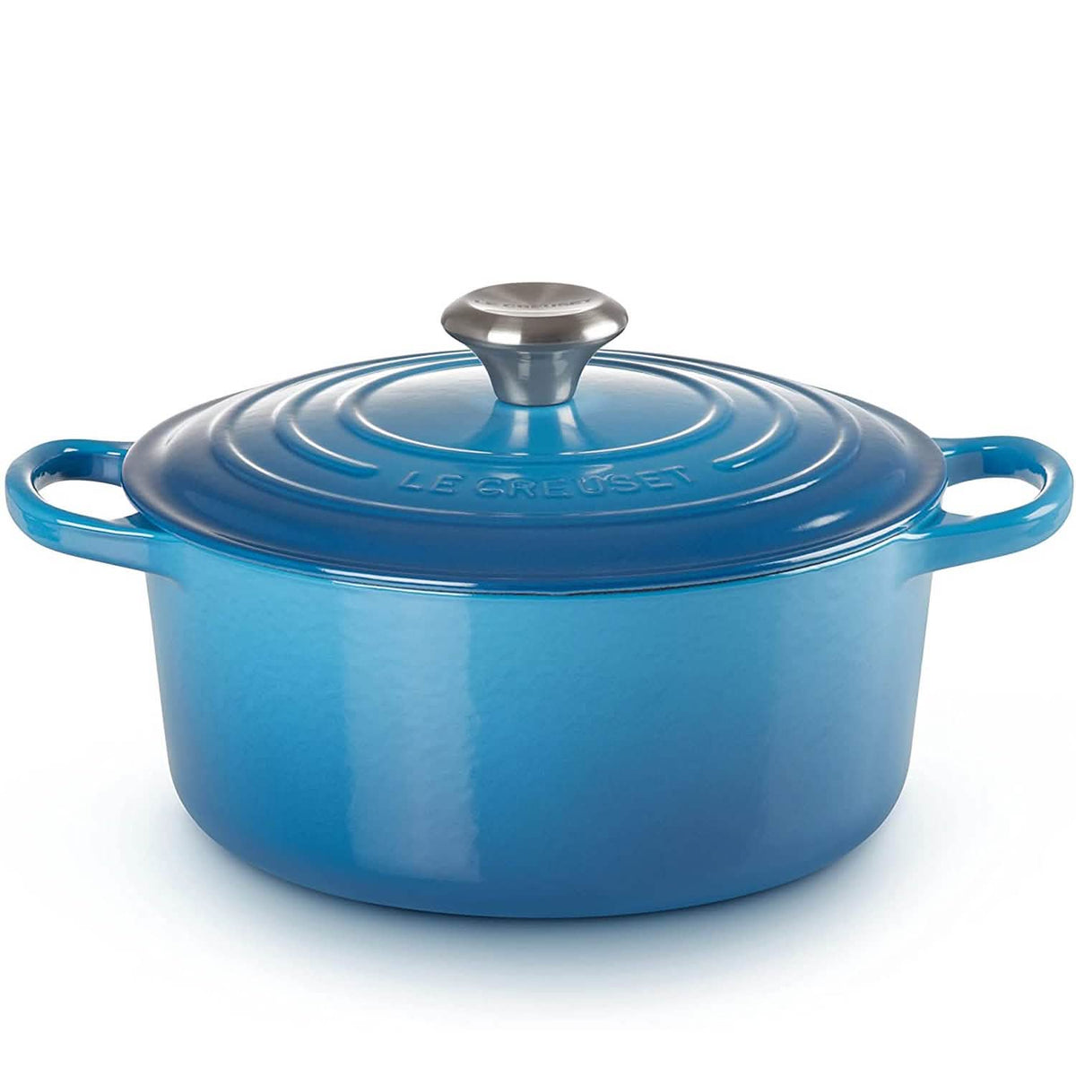 Blue enameled cast iron round Dutch oven with lid and side handles, 7.25 qt