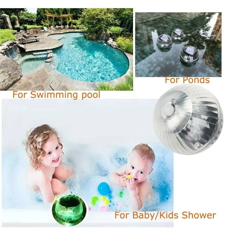 Clear solar LED floating dome lights shown for pool and kids shower use