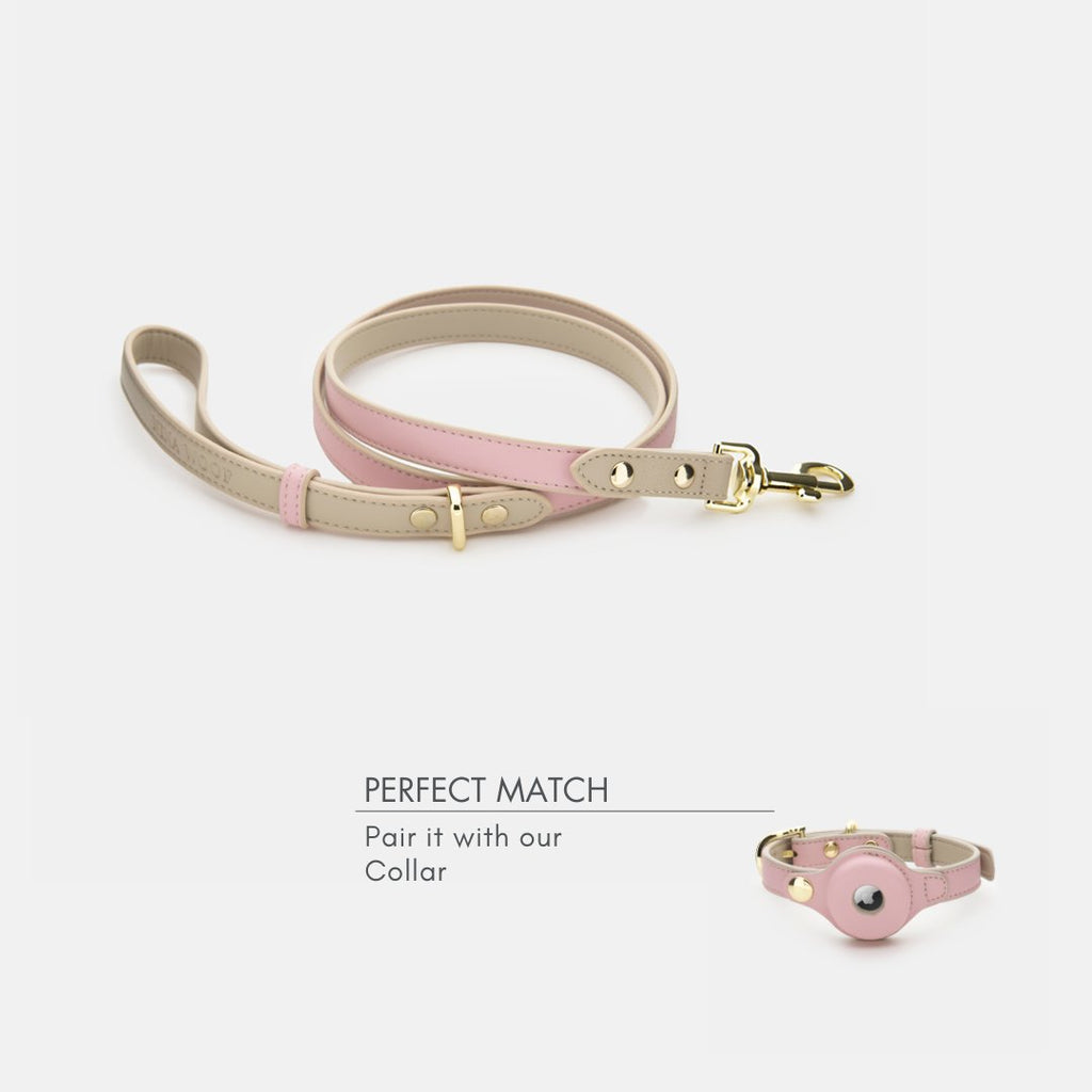 Light pink and beige vegan leather dog leash laid flat with gold clasp