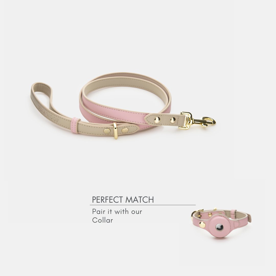 Light pink and beige vegan leather dog leash laid flat with gold clasp