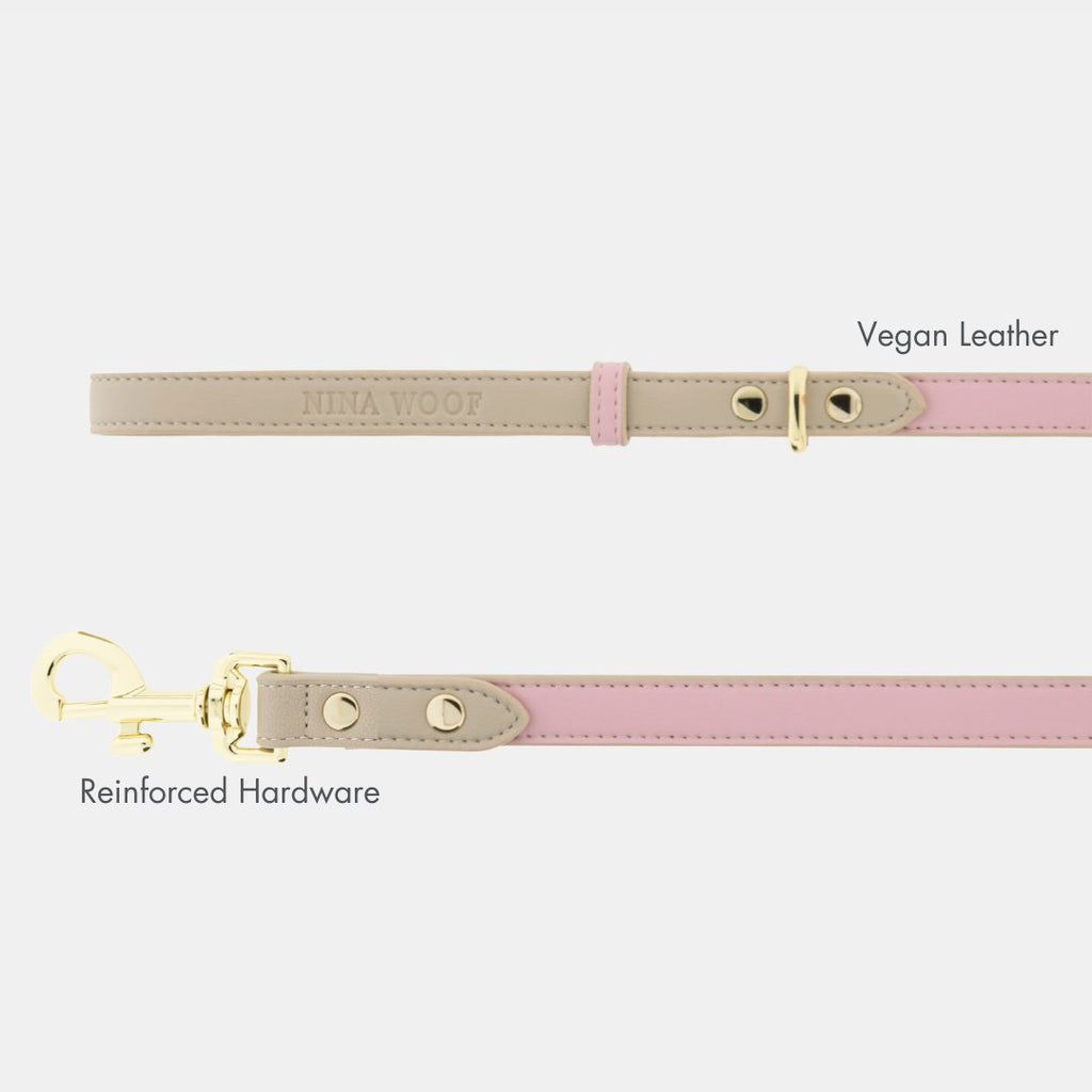 Pink and beige vegan leather dog leash with snap holes and gold hardware