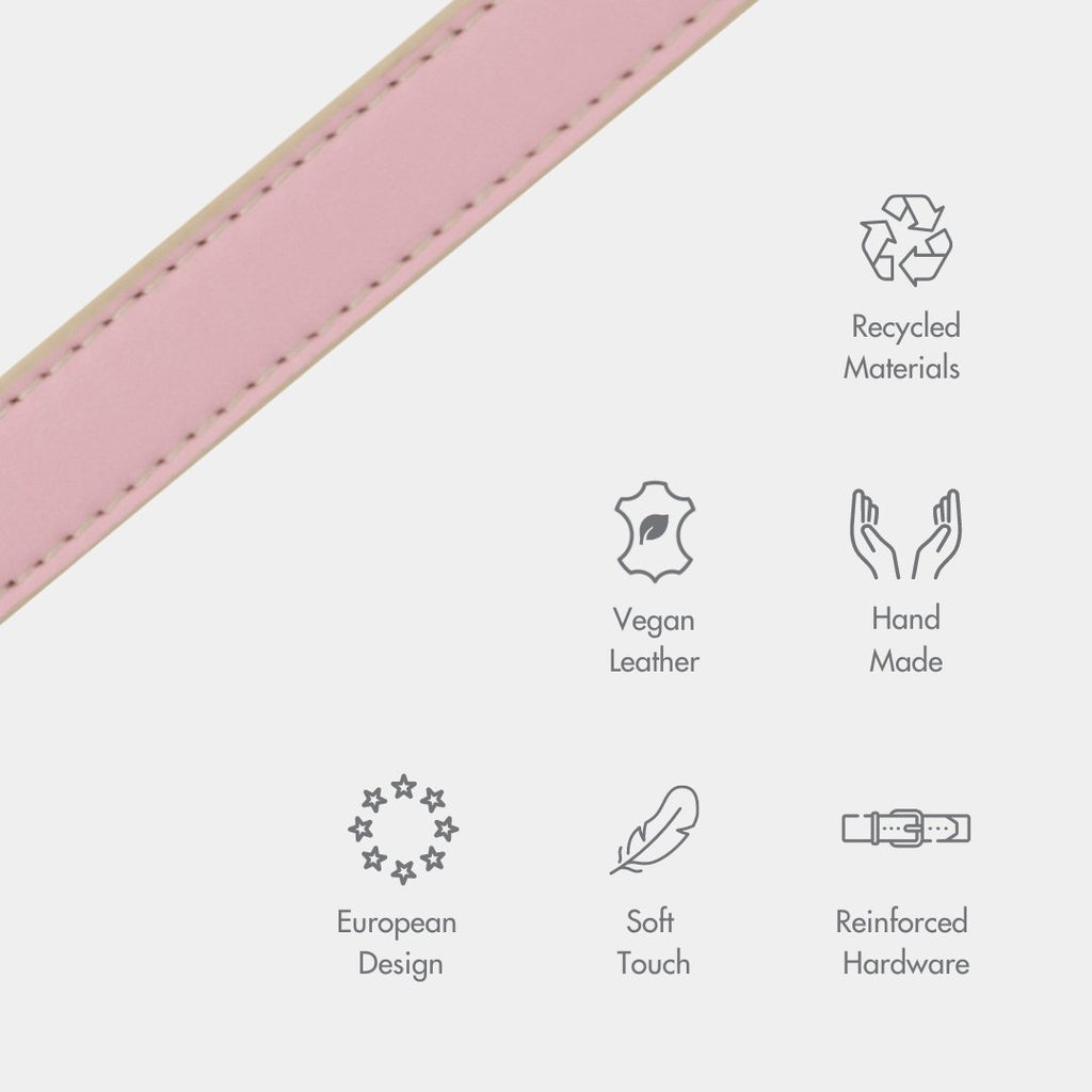 Pink vegan leather dog leash, recycled materials and reinforced hardware icons