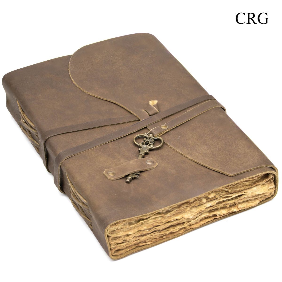 Leather journal with strap closure and metal key on front, dark brown.