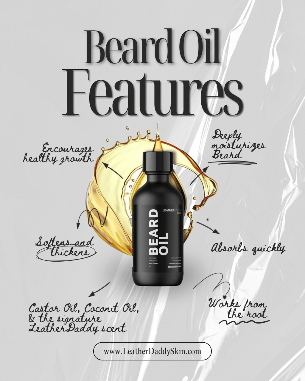 Beard oil bottle on yellow splash benefits illustration