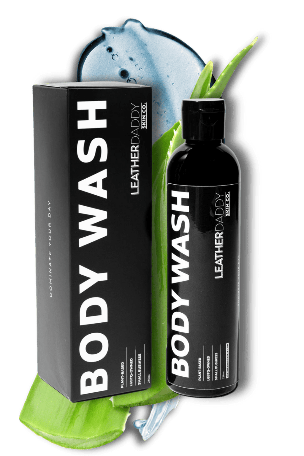 LeatherDaddy body wash bottle and box, bold 'BODY WASH' label with green plant