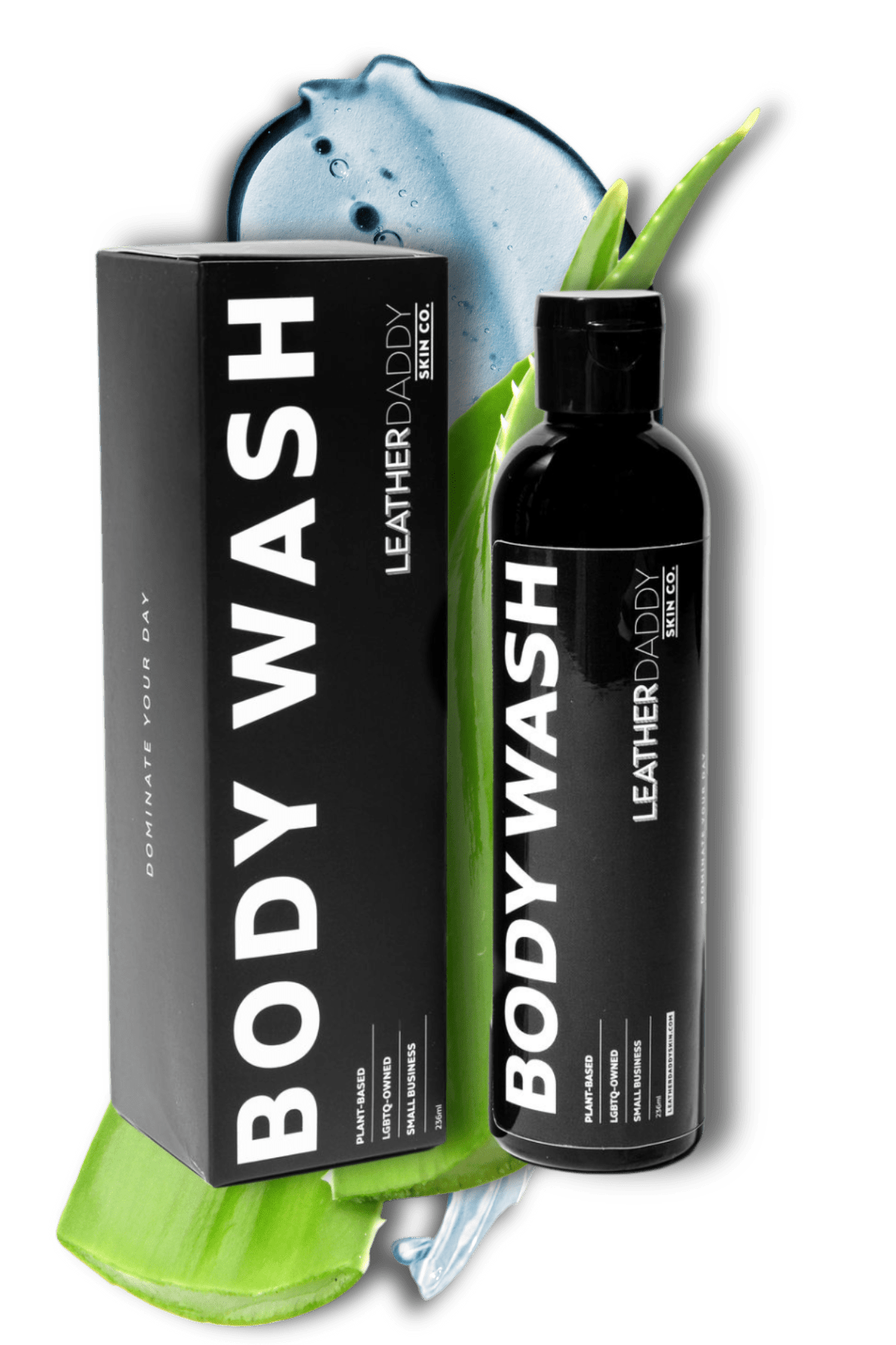 LeatherDaddy body wash bottle and box, bold 'BODY WASH' label with green plant