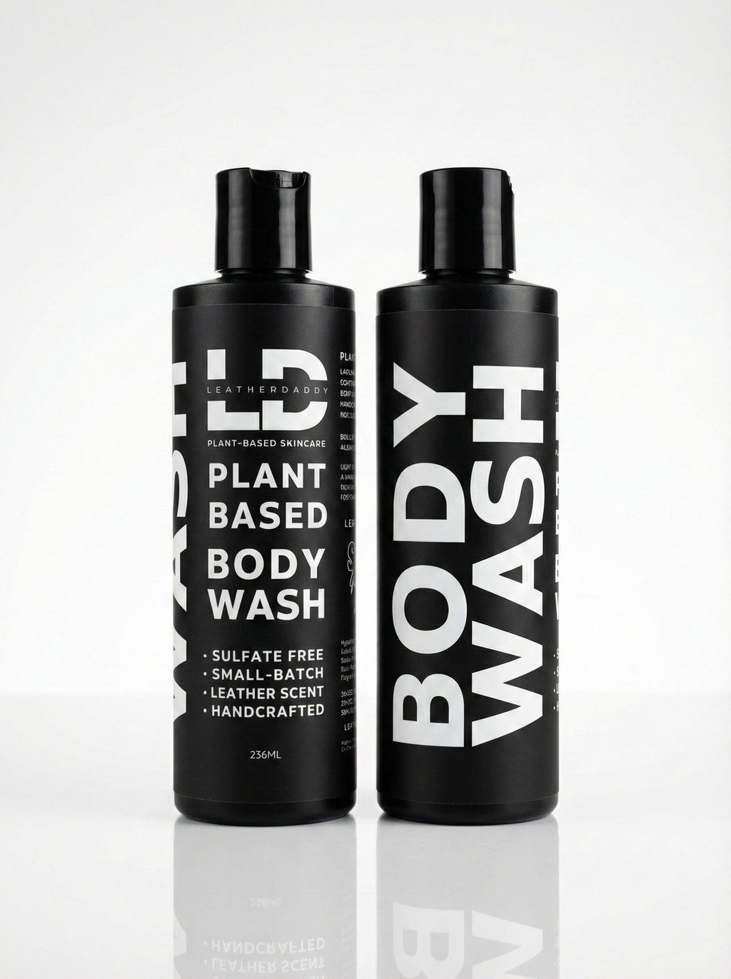 LeatherDaddy plant-based body wash bottles with black pump tops for cleansing