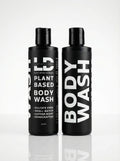 LeatherDaddy plant-based body wash bottles with black pump tops for cleansing