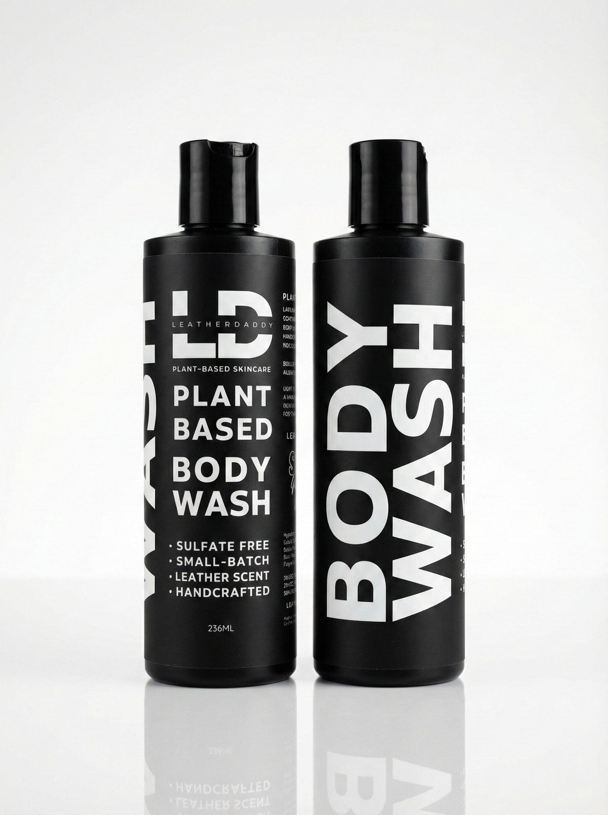 LeatherDaddy plant-based body wash bottles with black pump tops for cleansing