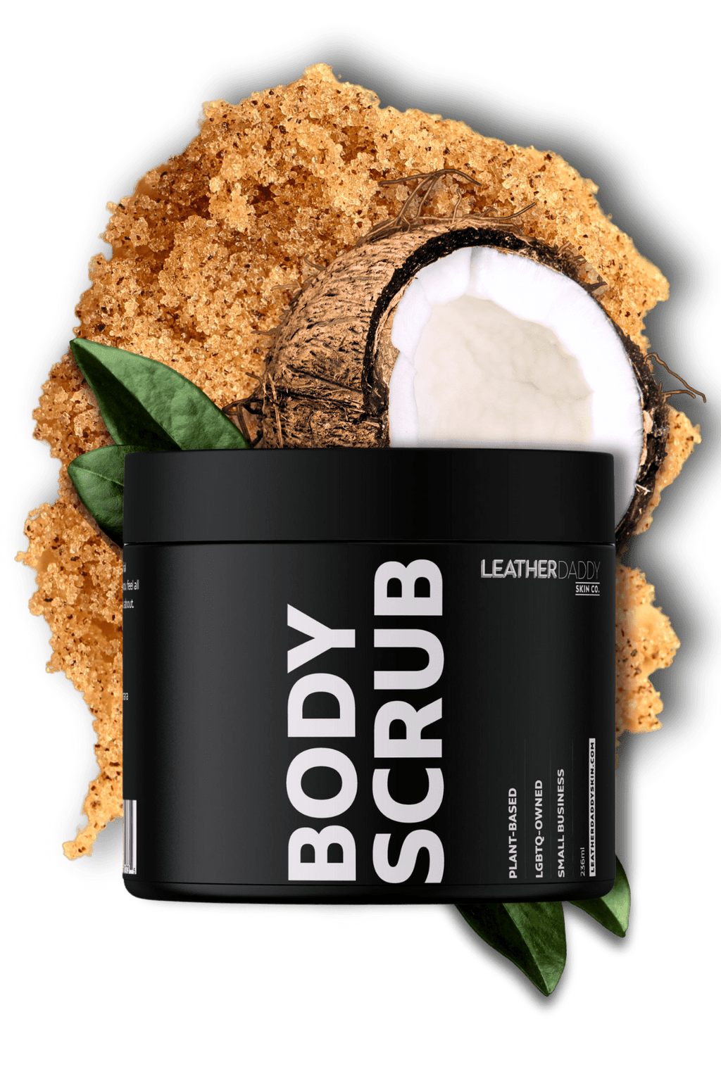 LeatherDaddy body scrub jar with black lid, 'BODY SCRUB' label and textured scrub