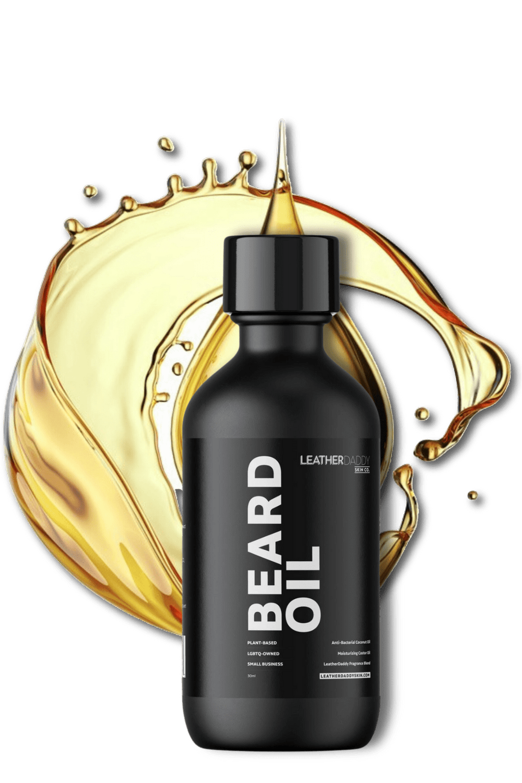 Beard oil bottle with golden liquid splash, black cap and label