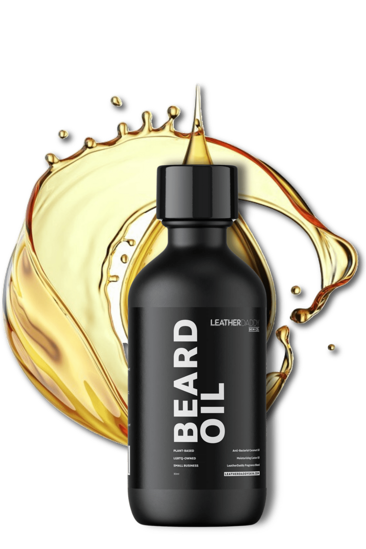 Beard oil bottle with golden liquid splash, black cap and label
