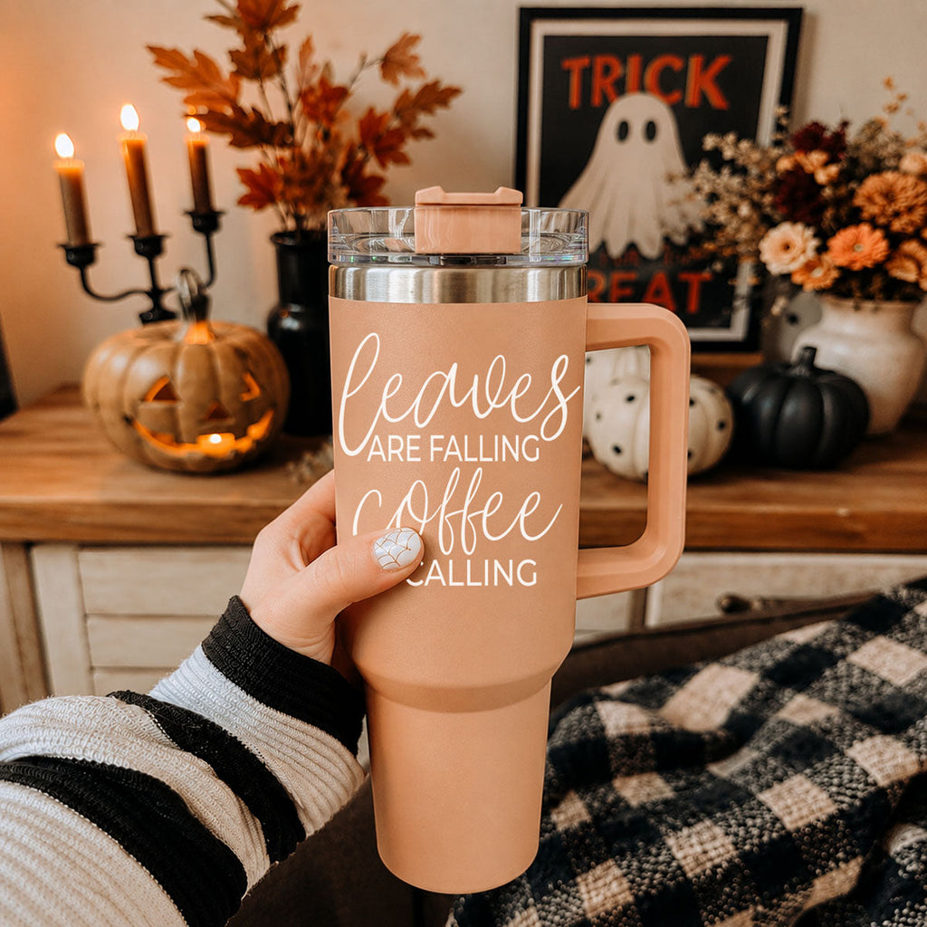 40 oz light rose coffee tumbler with handle, clear lid, and sipping straw