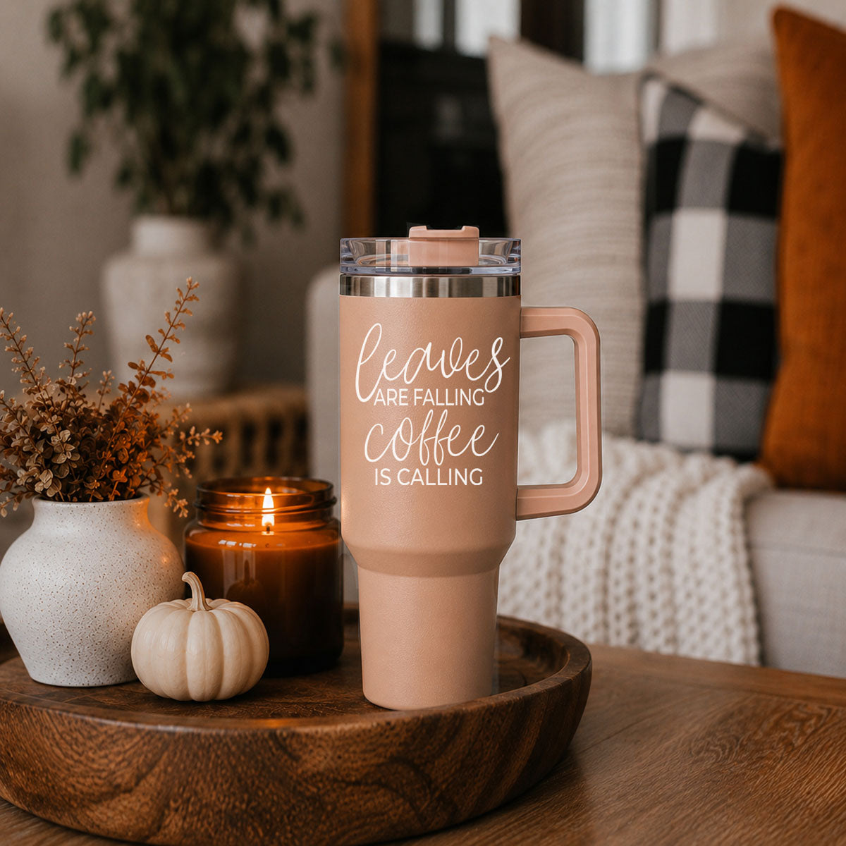 40 oz light rose coffee tumbler with handle, clear lid, sipping straw; front quote