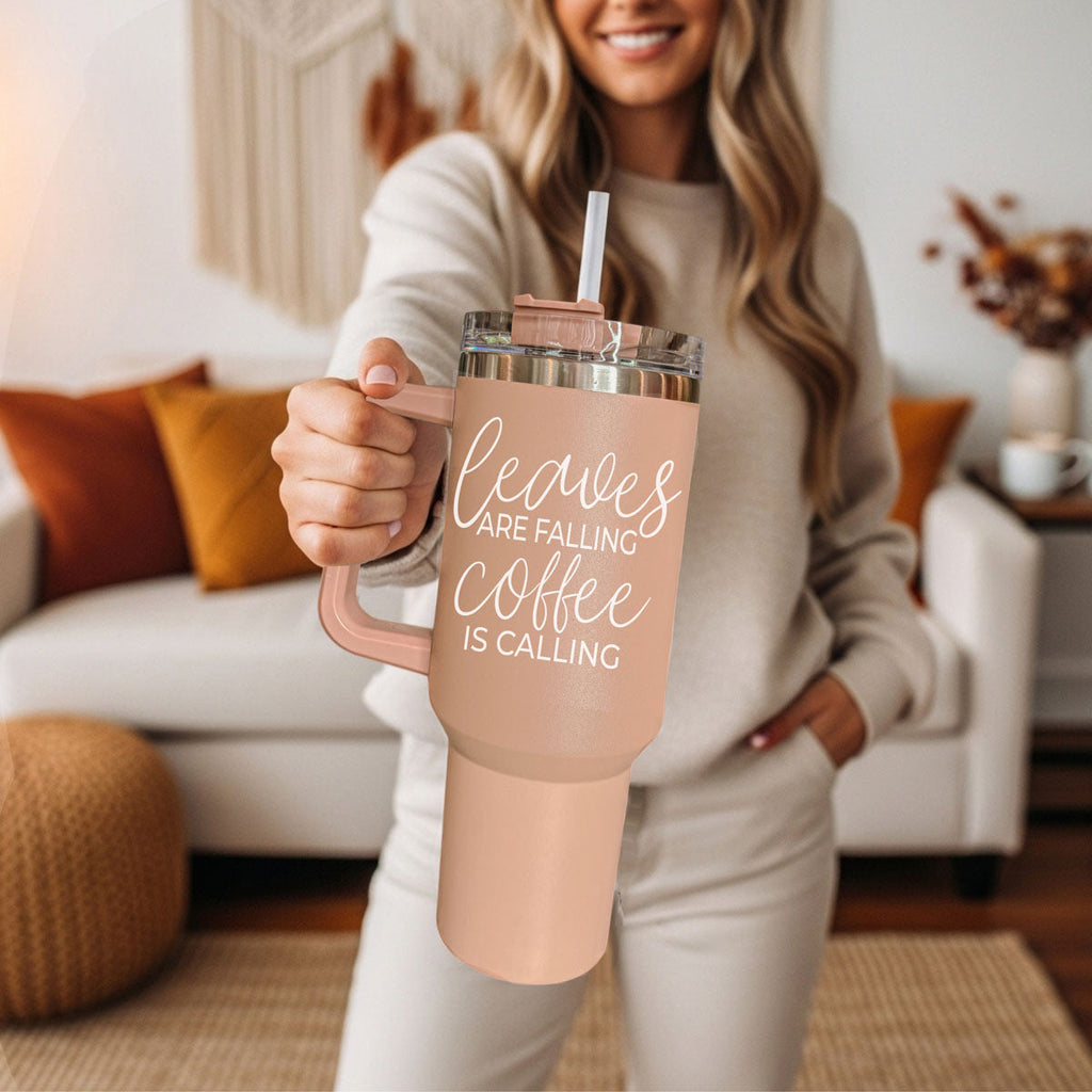 40 oz light rose coffee tumbler with handle, clear lid, and straw; close front print