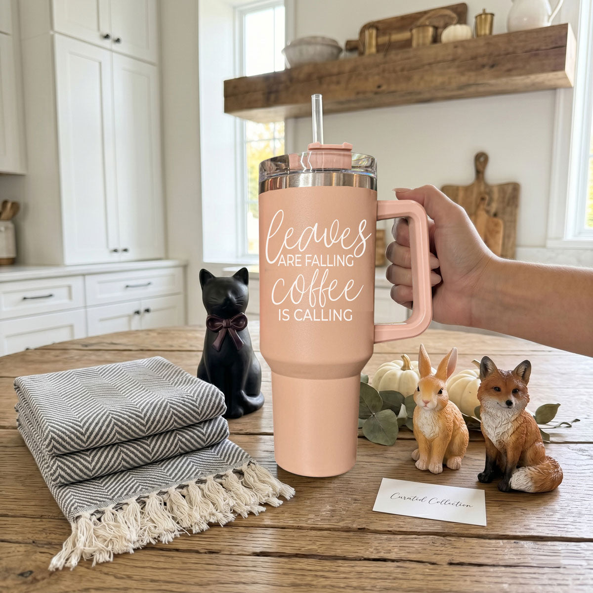 40 oz light rose coffee tumbler with handle, clear lid, sipping straw; front quote