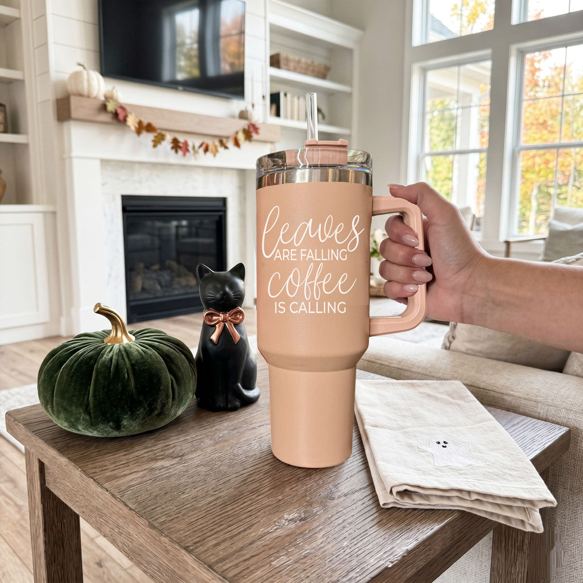 40 oz light rose coffee tumbler with handle, clear lid, sipping straw; front graphic