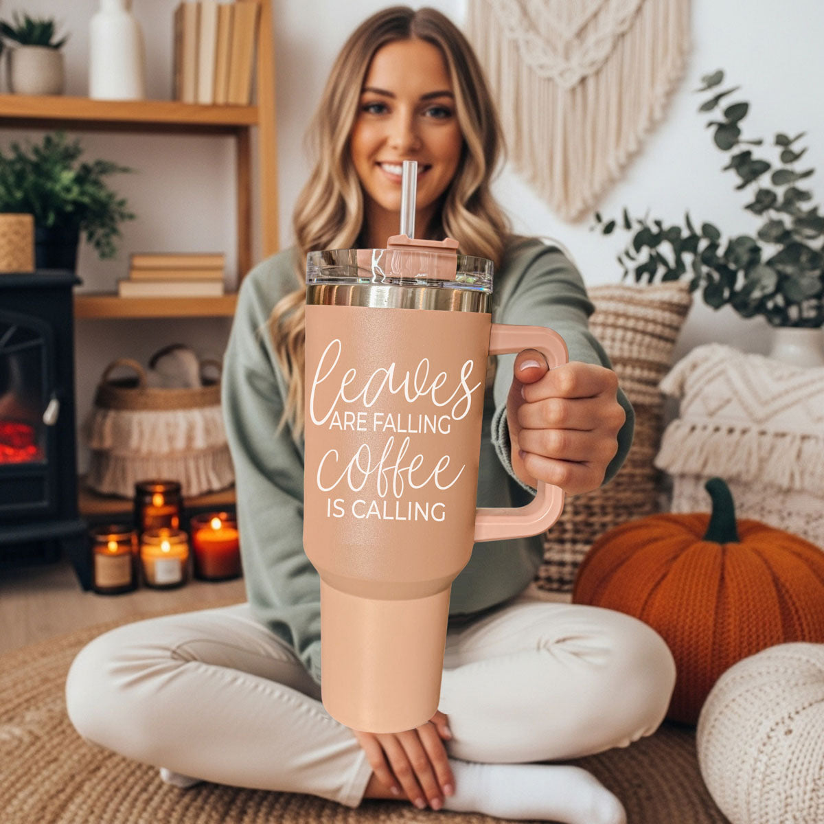 40 oz light rose coffee tumbler with handle, clear lid, straw; “Leaves are falling”