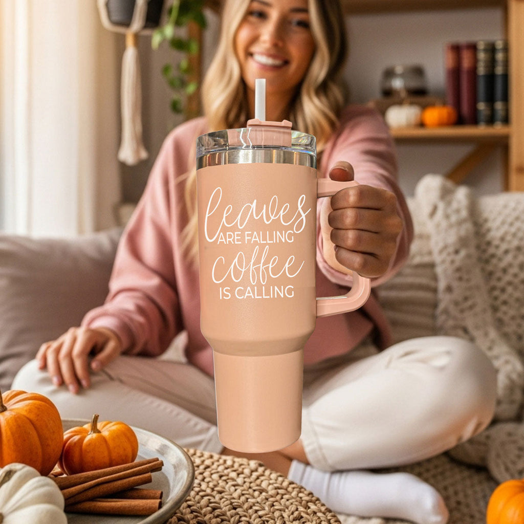 40 oz light rose coffee tumbler with handle, clear lid, and straw; front quote
