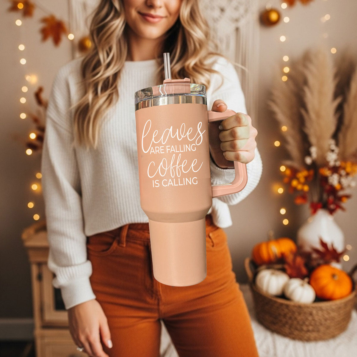 40 oz light rose coffee tumbler with handle, clear lid, and straw; front text
