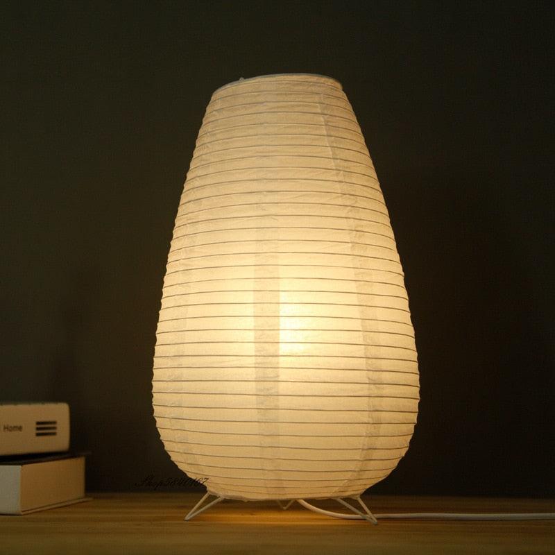 LED paper lantern desk lamp with tall white paper shade on wire tripod base