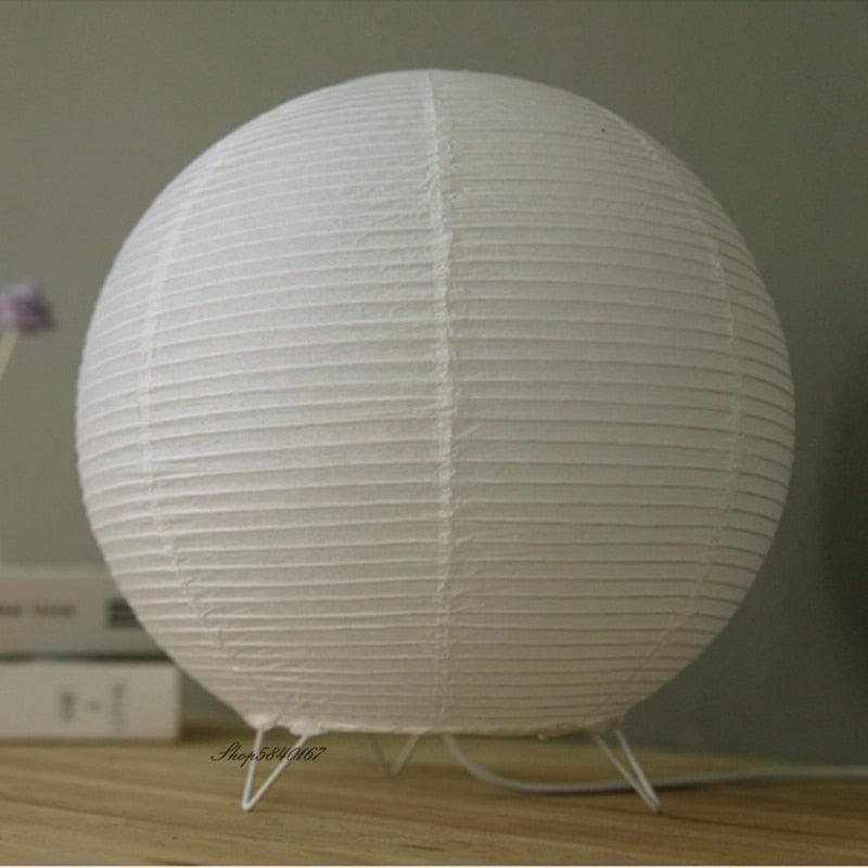 LED paper lantern desk lamp close-up of white ribbed globe paper shade