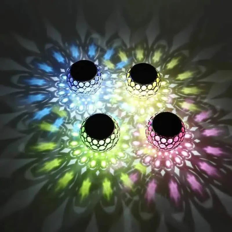 LED solar hollow lawn lamp set glowing blue, green, yellow, and pink mosaic globes