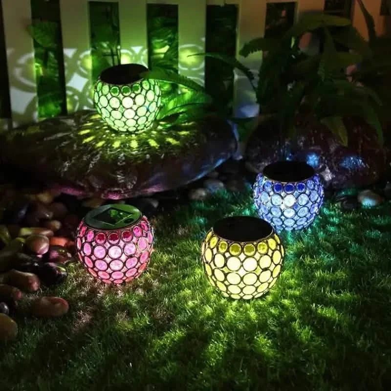 LED solar hollow lawn lamp set, glowing mosaic globes in multiple colors