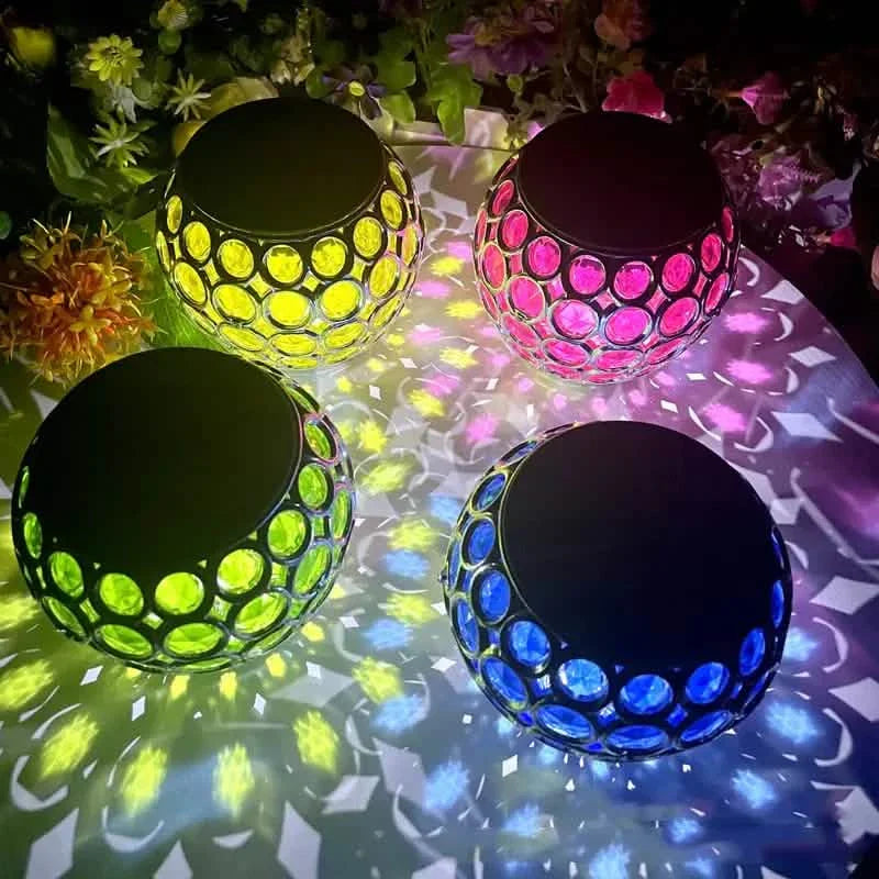 LED solar hollow lawn lamp set with green, pink, yellow, and blue mosaic globes