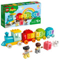 LEGO Duplo number train toy with colorful numbered blocks and two figures
