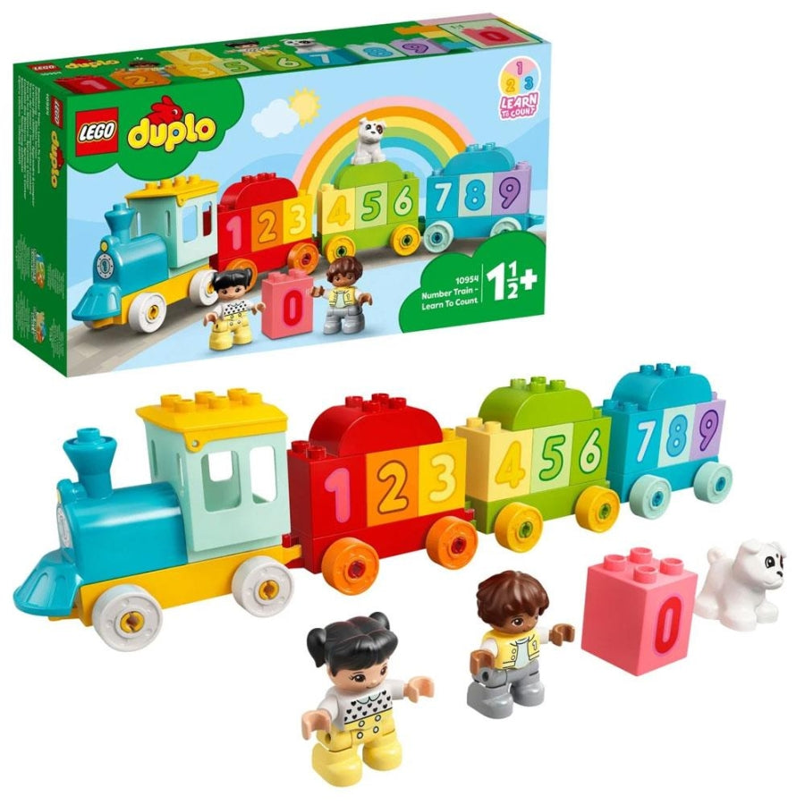 LEGO Duplo number train toy with colorful numbered blocks and two figures