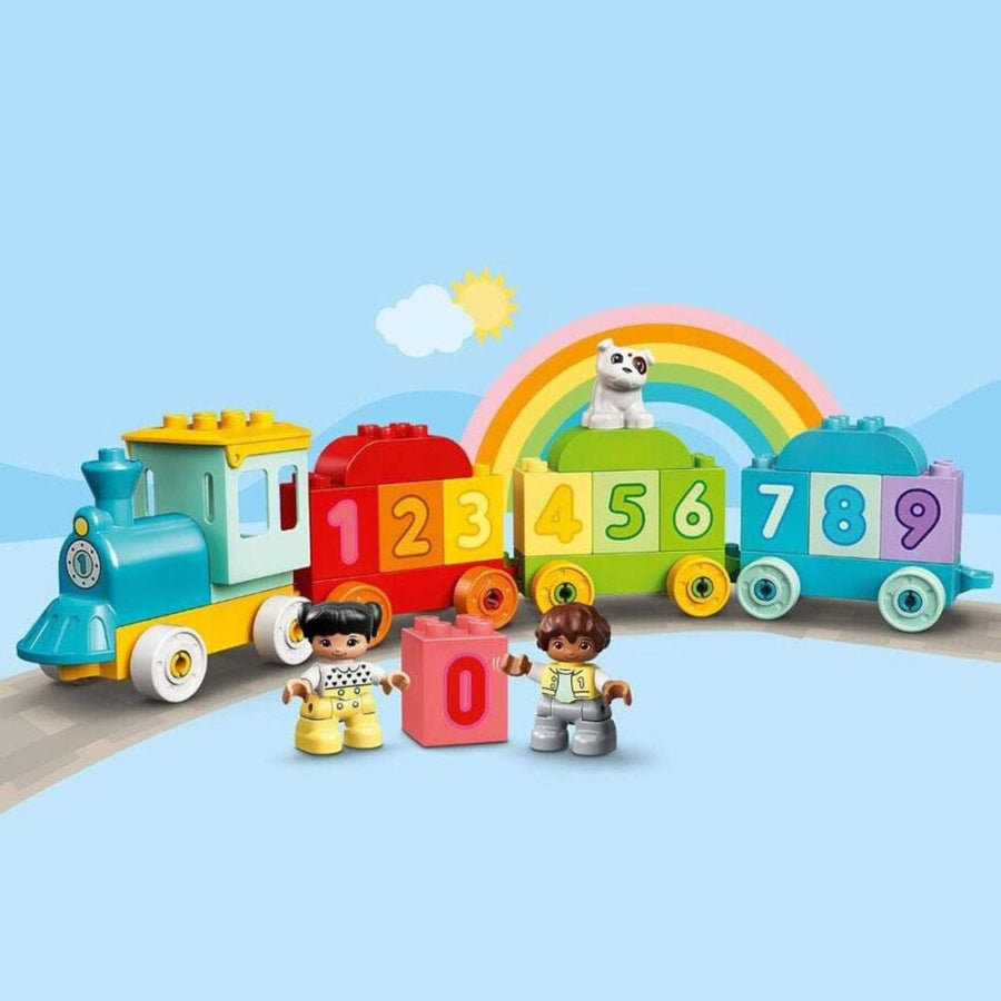 Colorful number train learning toy with rainbow digits and two minifigures