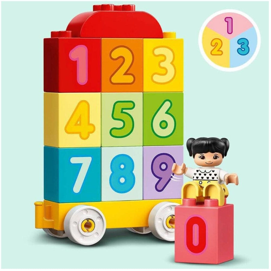 Number block train toy with figure holding number 0 cube