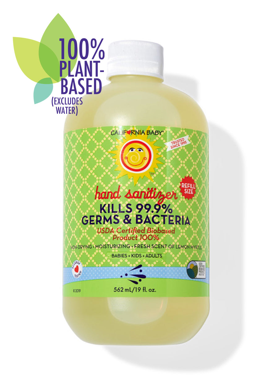 Refill hand sanitizer bottle with white cap and green label, 562 mL.