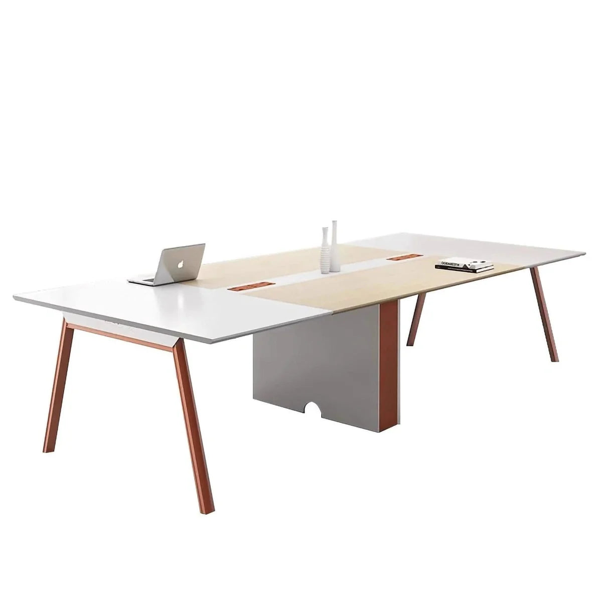 White meeting table with wood-tone legs and side pedestal with cutout.