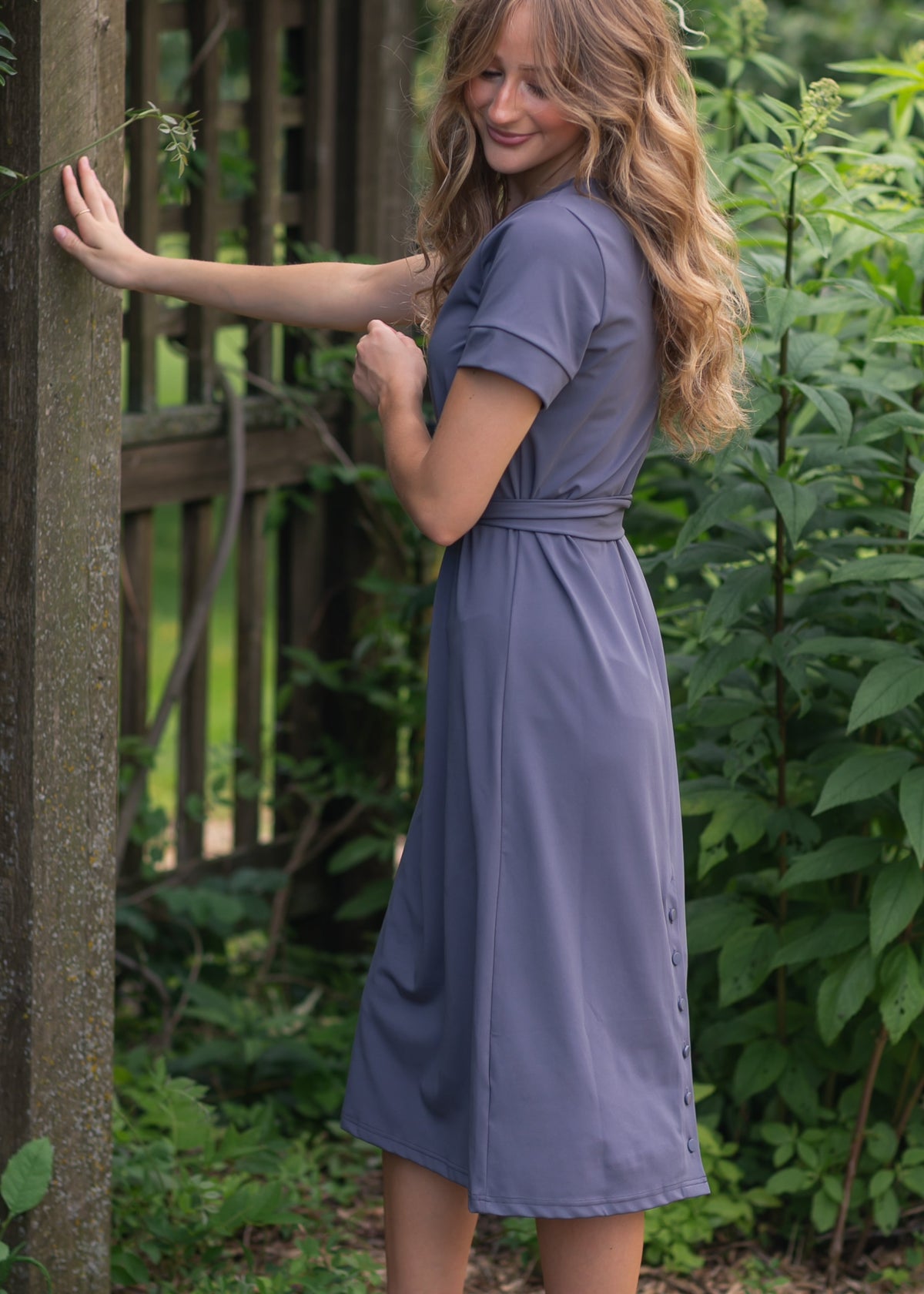 Lennox midi dress in slate blue, short sleeves, crew neck, tie waist, button front.