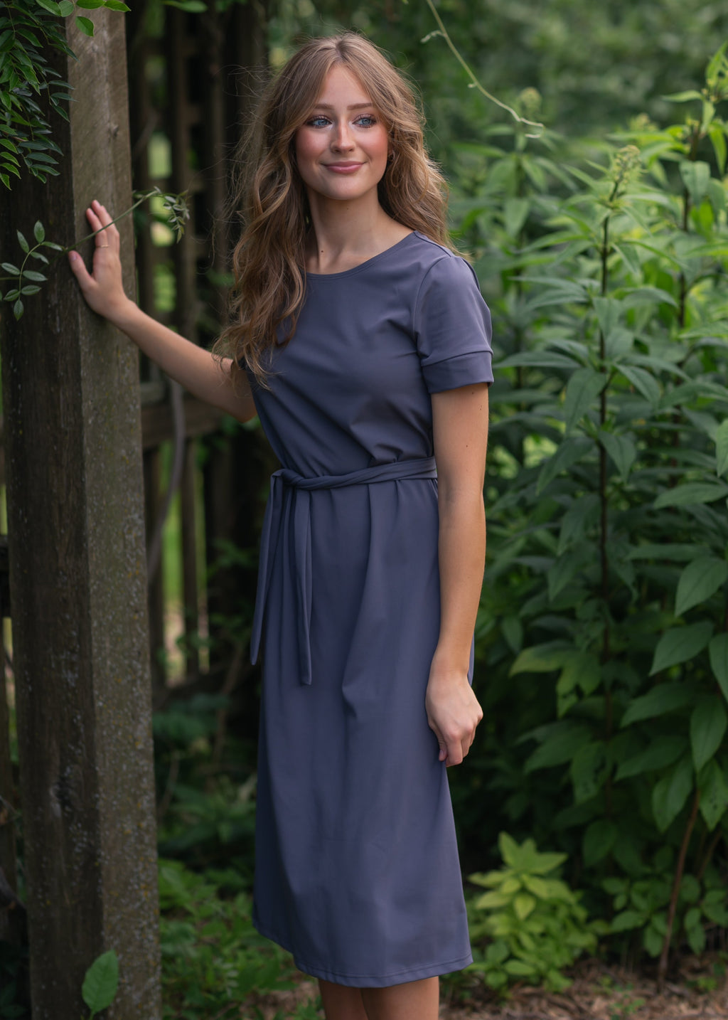 Lennox midi dress in slate blue, short sleeves, crew neck, tie waist, midi length.