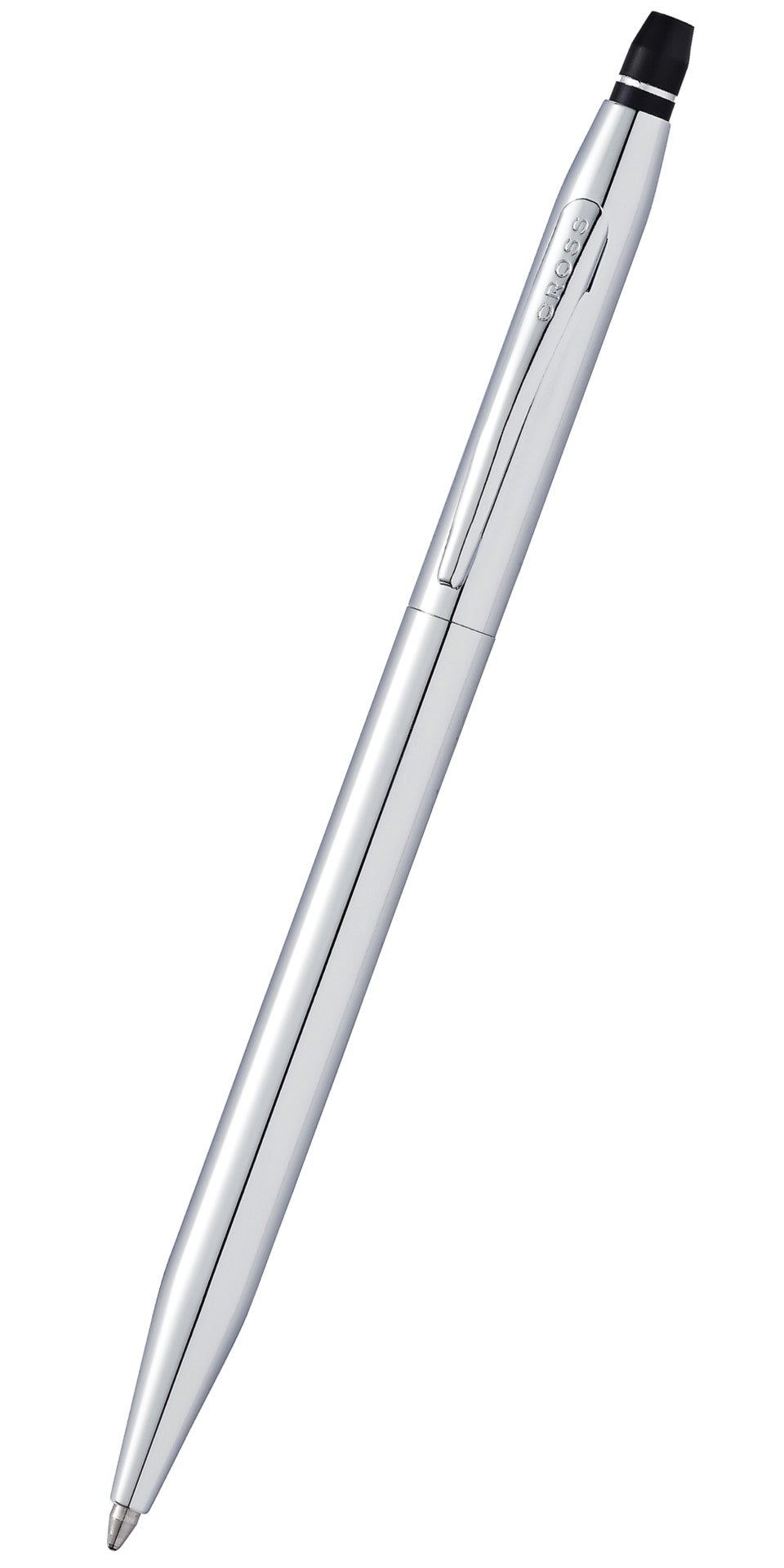 Chrome pen with black cap and tapered tip, angled view