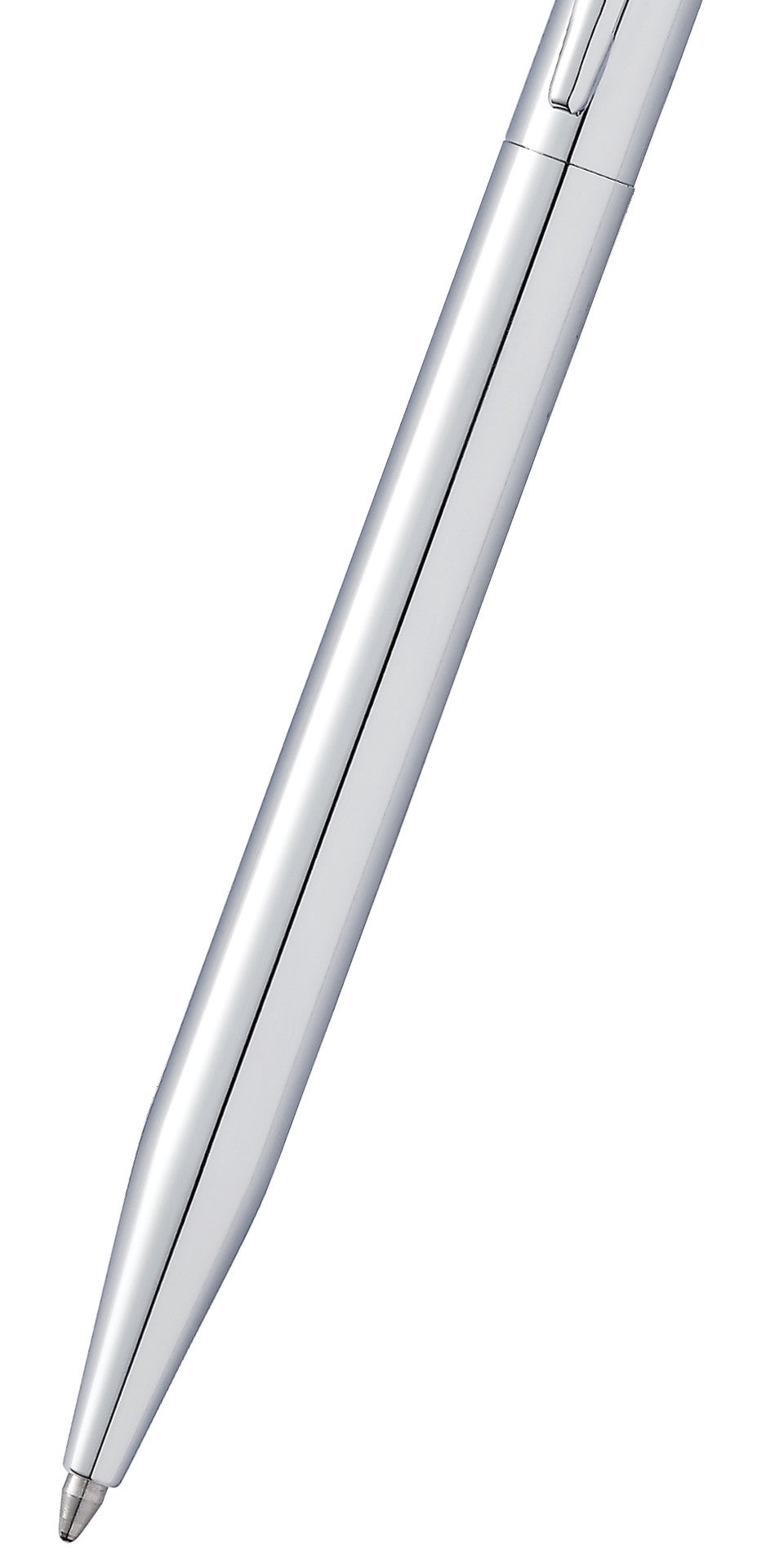 Chrome pen with black cap, close view of smooth metallic barrel