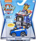 Paw Patrol die-cast toy car, blue police vehicle with Chase figure, metal body