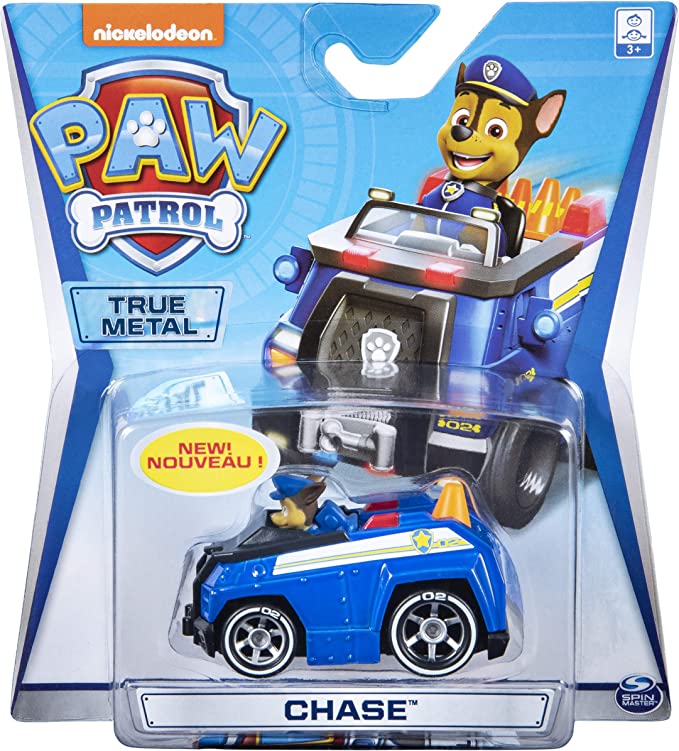 Paw Patrol die-cast toy car, blue police vehicle with Chase figure, metal body