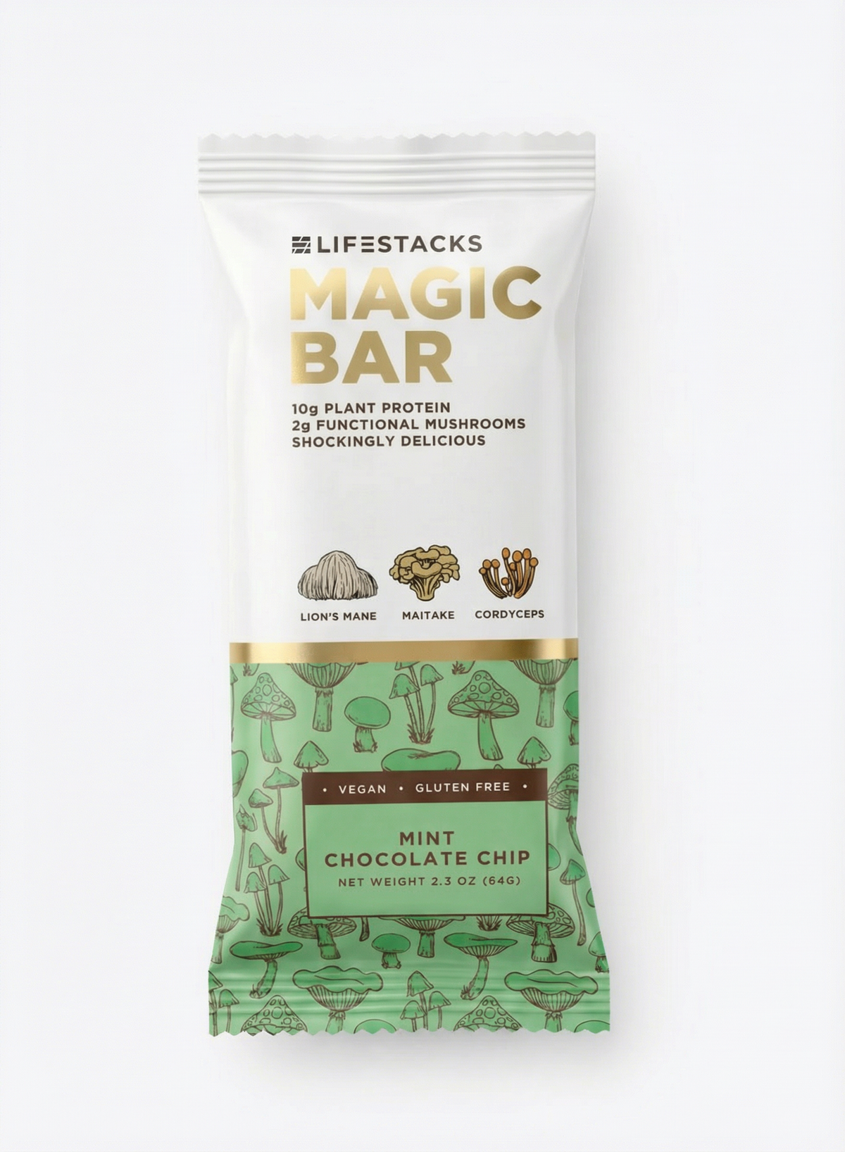 Protein snack bar pouch, mint chocolate chip flavor, front view